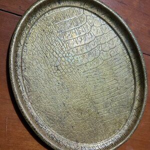 Antique vintage oval brass alligator-skin hammered brass tray for holiday treats